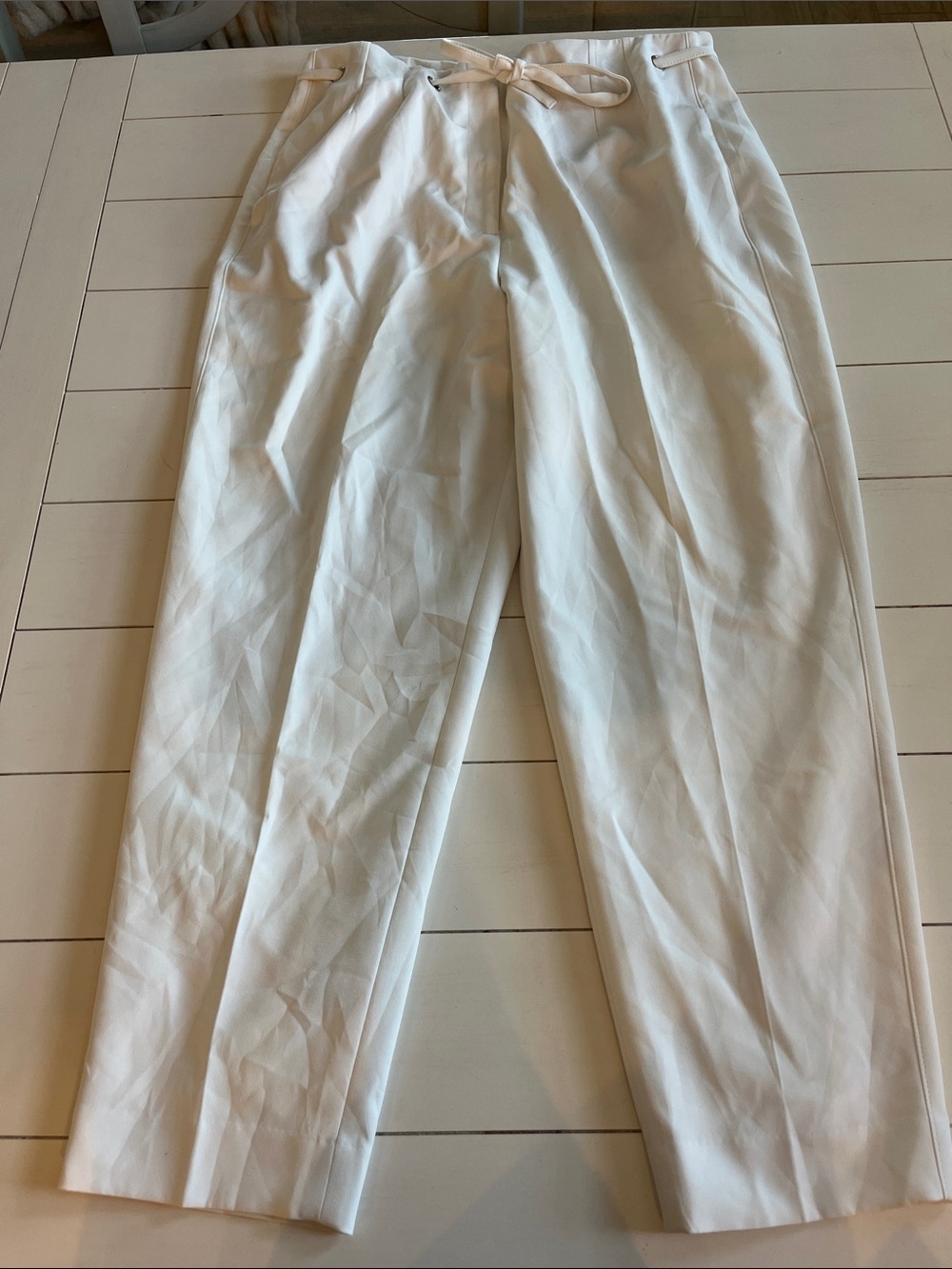 White House Black Market Cream Straight-Leg Drawstring Trousers